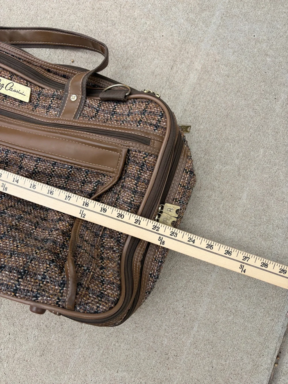 Vintage Oleg Cassini Tweed Travel Bag Suitcase Brown Weekender Shoulder Strap